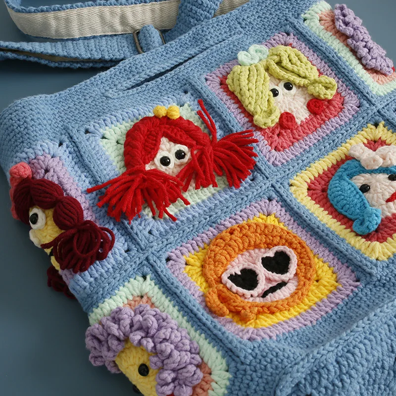 Handmade Crochet Granny Square Crossbody Bag, 3D Cartoon Girl Faces Knitted Shoulder Tote Bag for Women view 4
