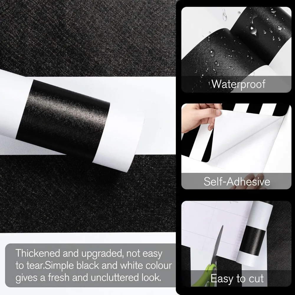 ورق جدران مخطط مقاوم للماء وقابل للإزالة ذاتي اللصق باللونين الأبيض والأسود للخزائن والأرفف والجدران - سهل التقشير والالتصاق