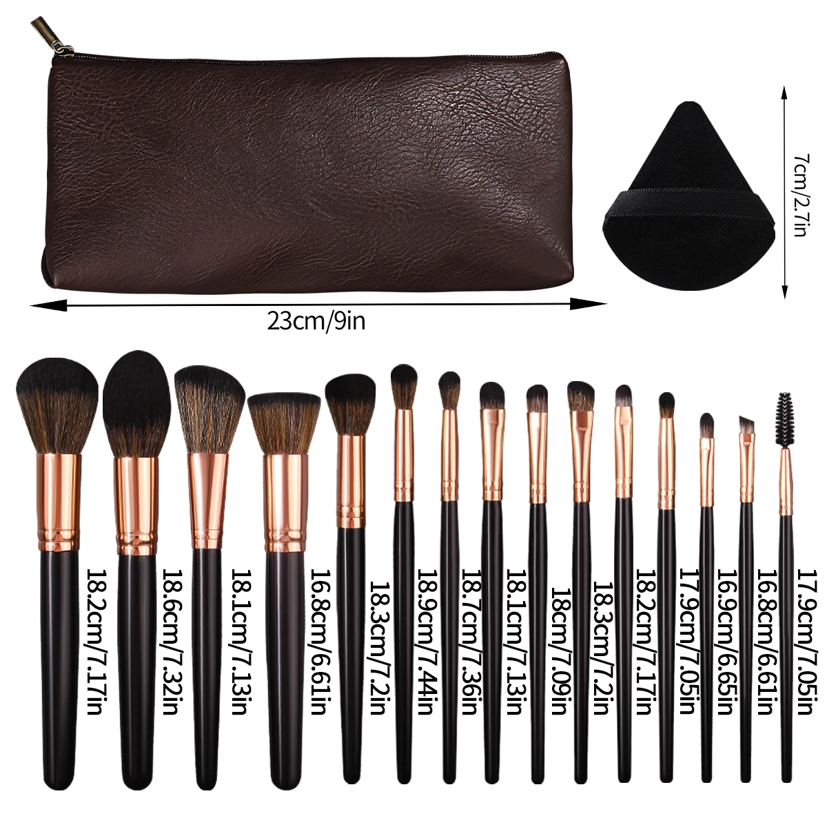 Juego de brochas de maquillaje de 18 Uds., brocha para colorete, brocha para sombra de ojos, bolsa de almacenamiento de cuero, soplo de polvo, juego completo de herramientas de maquillaje
