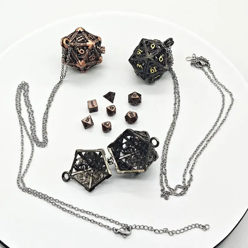 1 Set 20-sided Hollow Metal Dice Necklace DND Hollow Metal Dice Torque Mini Exquisite Polyhedral Dice Necklace