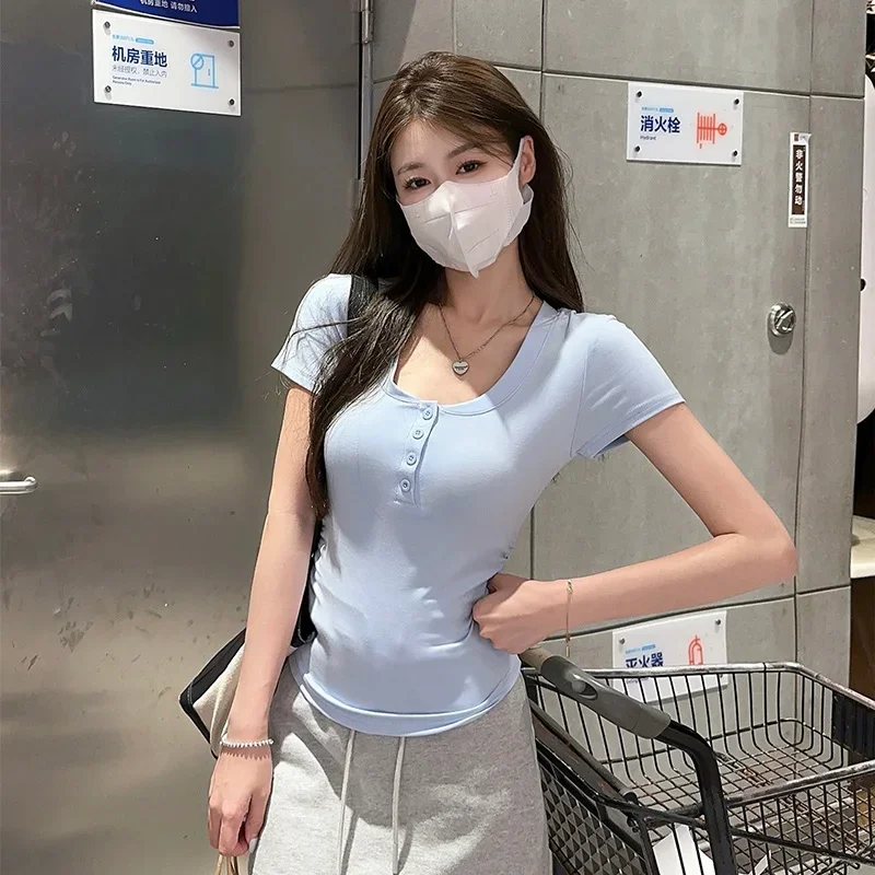 Summer Women Sweet Soft Cotton Clothes Lady Ruched Slim Fit 2024 Designer Tops Female Versatile Button Short Sleeved T-shirts