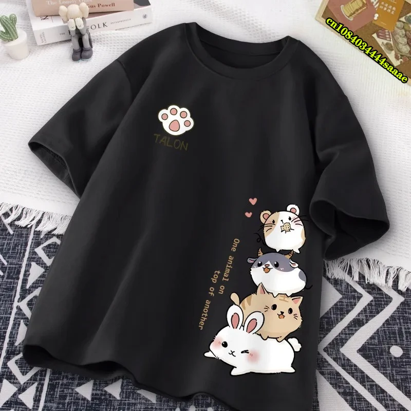 Japanese Cute Hamster Style Sweet Print Daily Wear Short Sleeve T-shirt Women's Loose Casual Teenage Student Half Sleeve Top view 5