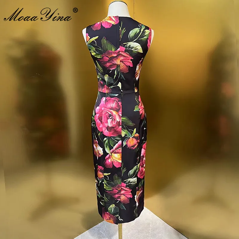 MoaaYina Designer Runway Autumn Vintage Silk Dress Women Fashion Sleeveless Flower Print Party Balck Slim Midi Dresses