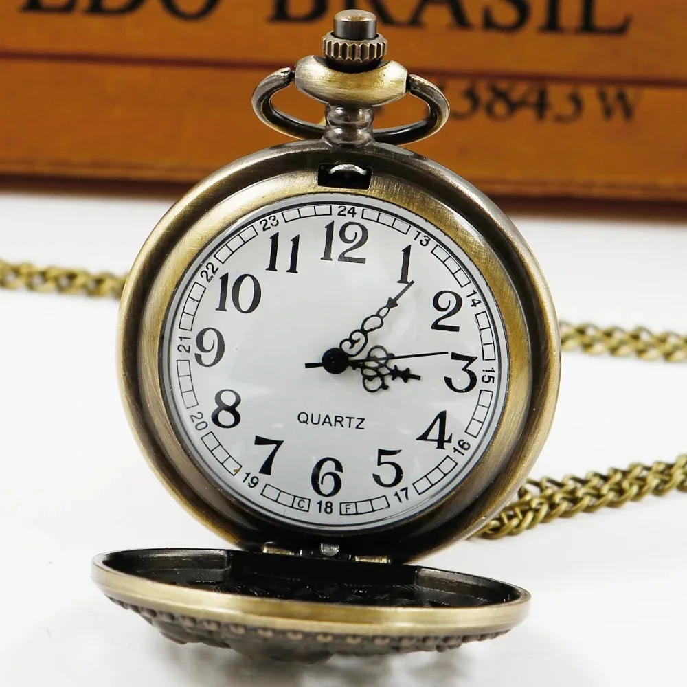 鳥の3D彫刻模様ブロンズ中空チェーンウォッチヴィンテージデジタルスチームパンク懐中時計メンズ時計、フォブチェーン付きギフト