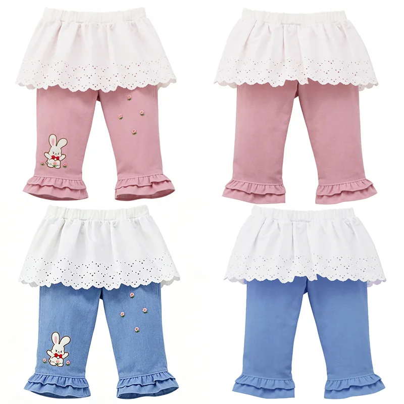 Girls Bunny Flower Ruffle Hem Pants Spring Autumn Cute Skirt Pants Leggings Casual Soft Trousers for Kids Toddler