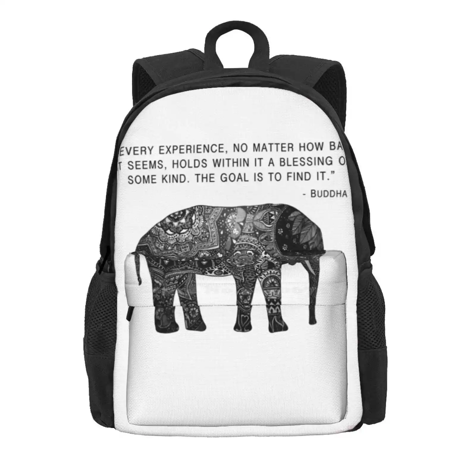 Buddha Wisdom Elephant Hot Sale Schoolbag Backpack Fashion Bags Buddha Elephant Henna Inspirational Quote Blessing Experience