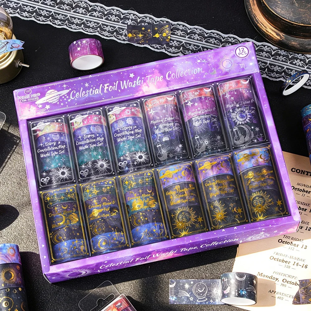 Celestial Foil Washi Tape Set, 3/4/6/19/57 Rolls, Galaxy Sun Moon Star Decorative Tape for Journal Scrapbook Planner