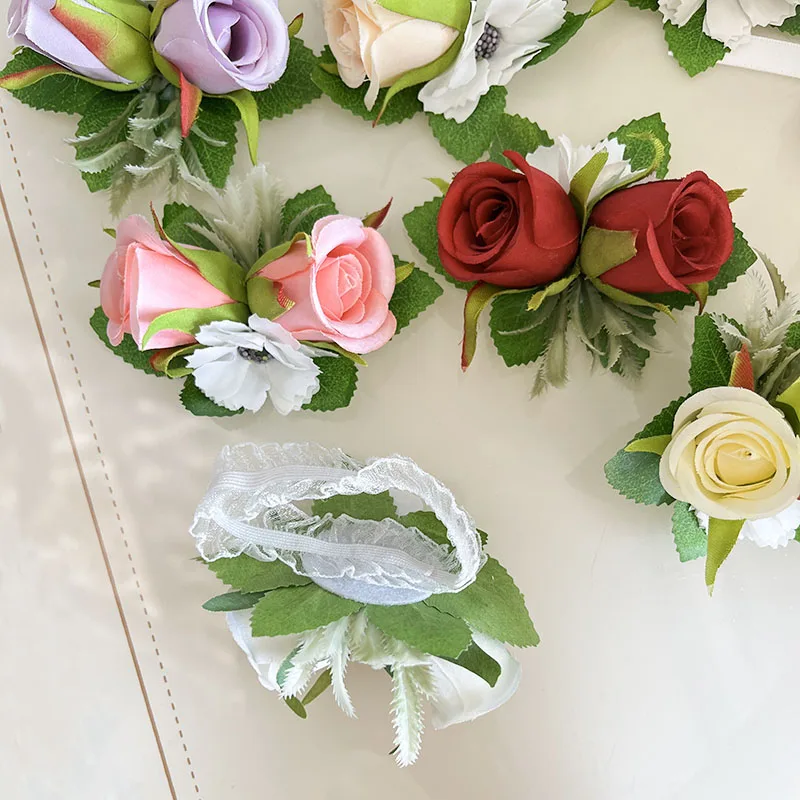 Ojal para novio, ramillete de flores, ojal, pulsera para damas de honor de boda, rosas de seda falsas, alfileres de solapa, accesorios matrimoniales para invitados