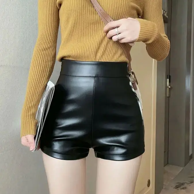 Leather Pants Fashionable High-Waist Slimming Pu Leather Shorts For Women Casual A- Line Fall Winter Boot Pants Underneath
