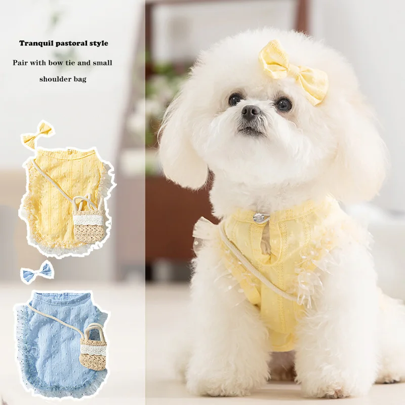 

​Cute Pet Vest Set with Knit Bag Bow Lace Trimmed Breathable Design for Cats Dogs Lightweight No-Scratch Collar Chic Pocket