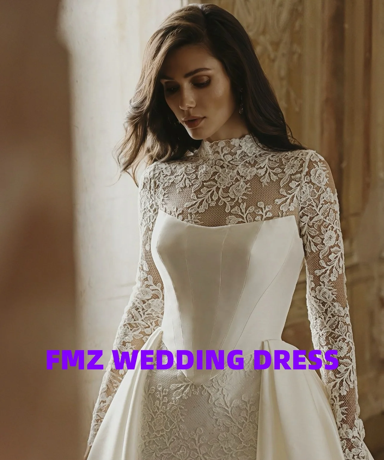 Personalizzato collo alto a maniche lunghe sirena coda staccabile amanda novias abiti da sposa abito da sposa amanda novias