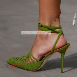 Green Vegan Suede Strappy Sandals Ladies Hollow Out Pointed Toe Mixed Color High Heels Shoes Women Party Trendy Chic Sandals