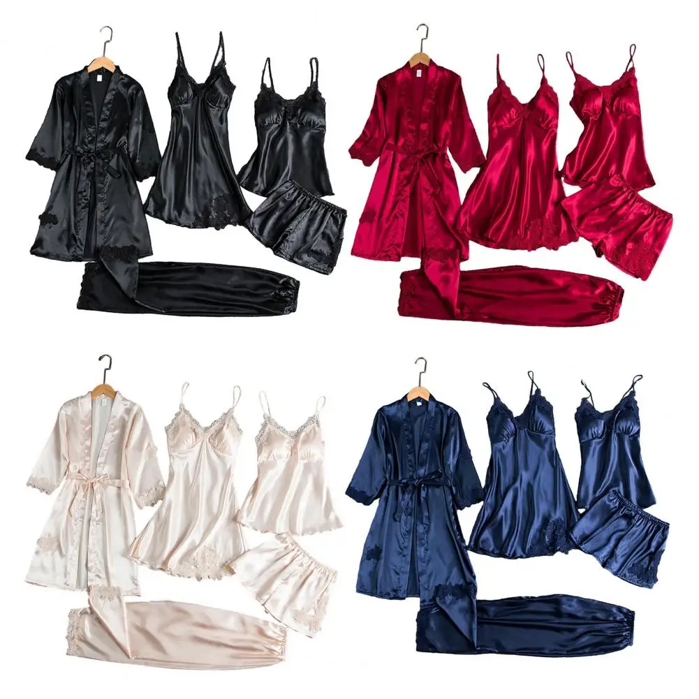 5 Pcs/Set Women Pajamas Set Nightdress Top Shorts Pants Set Silky Satin Lace Patchwork Lady Nightgown Female Homewear Set