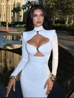 Elegant Party Dresses For Women Fashion Sexy Solid Full Sleeves Hollow Out Turtleneck Sheath Hip Wrap Long Vestidos Robes Female - Image 3