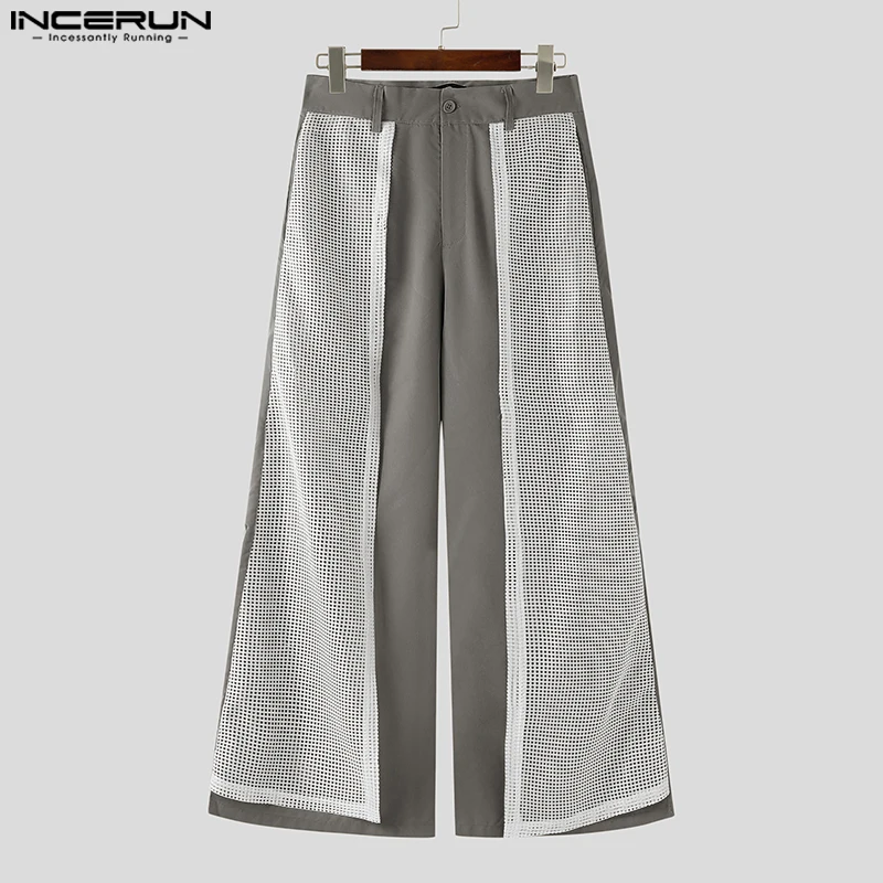 

INCERUN Men Pants Mesh Patchwork Button Loose Casual Wide Leg Trousers Men Streetwear 2025 Fashion Leisure Male Long Pants S-5XL