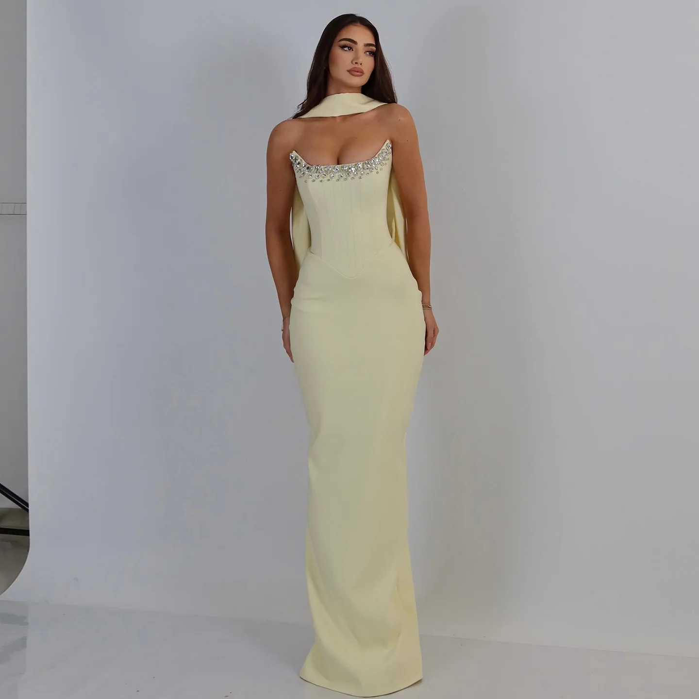 

Sharon Said Elegant Mermaid Evening Dress With Scarf Crystal Beaded Boat Neck Modest Women Wedding Party Gowns SF276 Customized