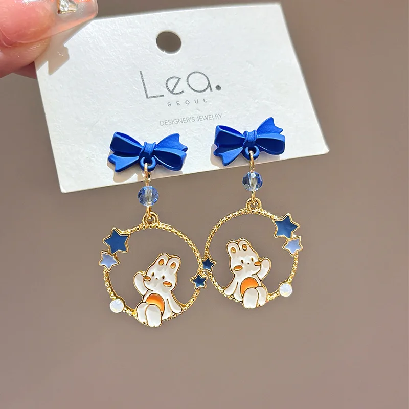 Cute Little Rabbit Earrings Without Piercing for Women 2024 New Trendy Contrasting Color Bule Star Bunny Ear Clips Earrings