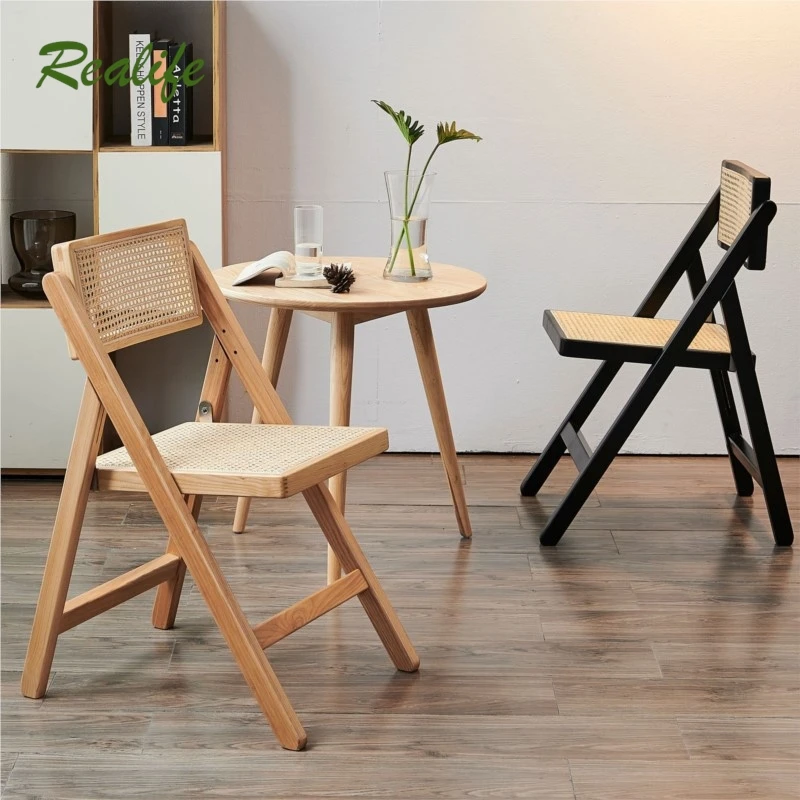 Realife Rattan Folding Chair Retro Solid Wood Nordic Rotating Backrest Dining Chair Traditional Mortise And Tenon Structure 2024