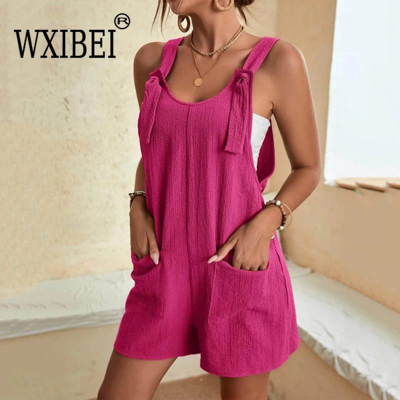 WXIBEI 2024 Summer Women's Jumpsuit Overalls Short Loose Sleeveless Wide Leg Overall Solid Casual Romper with Pockets ALH081