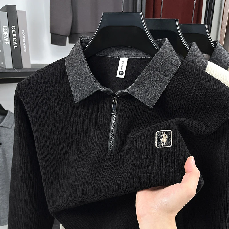 

Velvet sweater men's autumn and winter half zip polo collar knitted sweater men's shirt collar warm base shirt