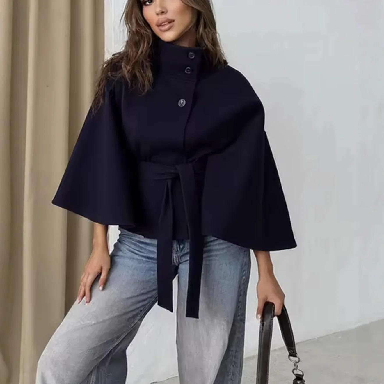 

2025 New Stand Collar Robe Style Belt Long Coat Women Loose Slim Fashion Elegant Trench Coat Multi Color Options