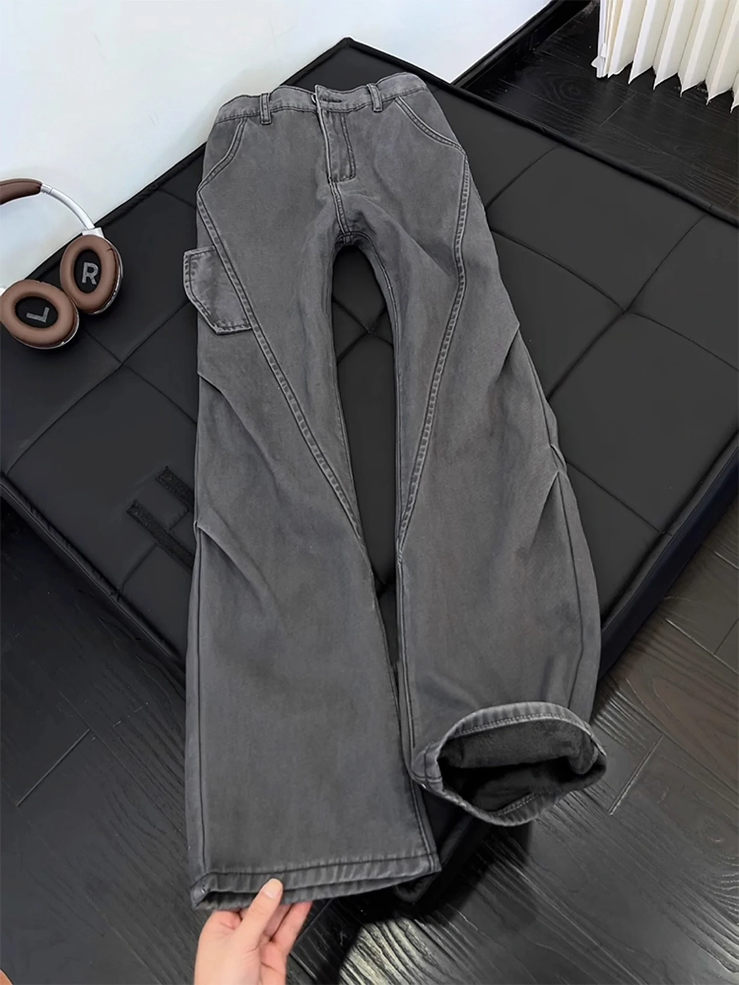 

Deep Grey American Retro Diagonal Cut Fleece Lined Bootcut Jeans Men's Winter Long Legging Knife Workwear Straight Leg Jeans