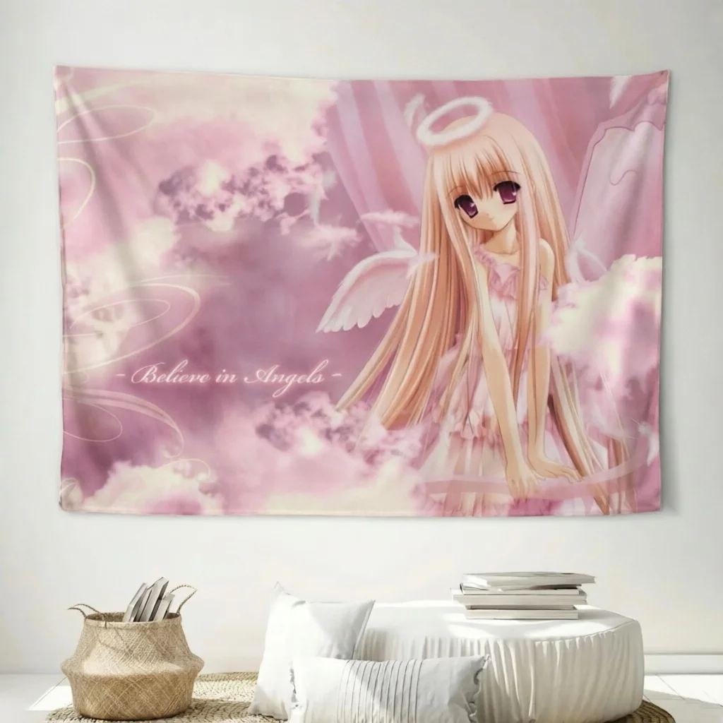 Pink Angel Egirl Anime Tapestry, Soft Pink Tone Horizontal Wall Hanging, for Dorm Bedroom Teen Girls Room Home Decor