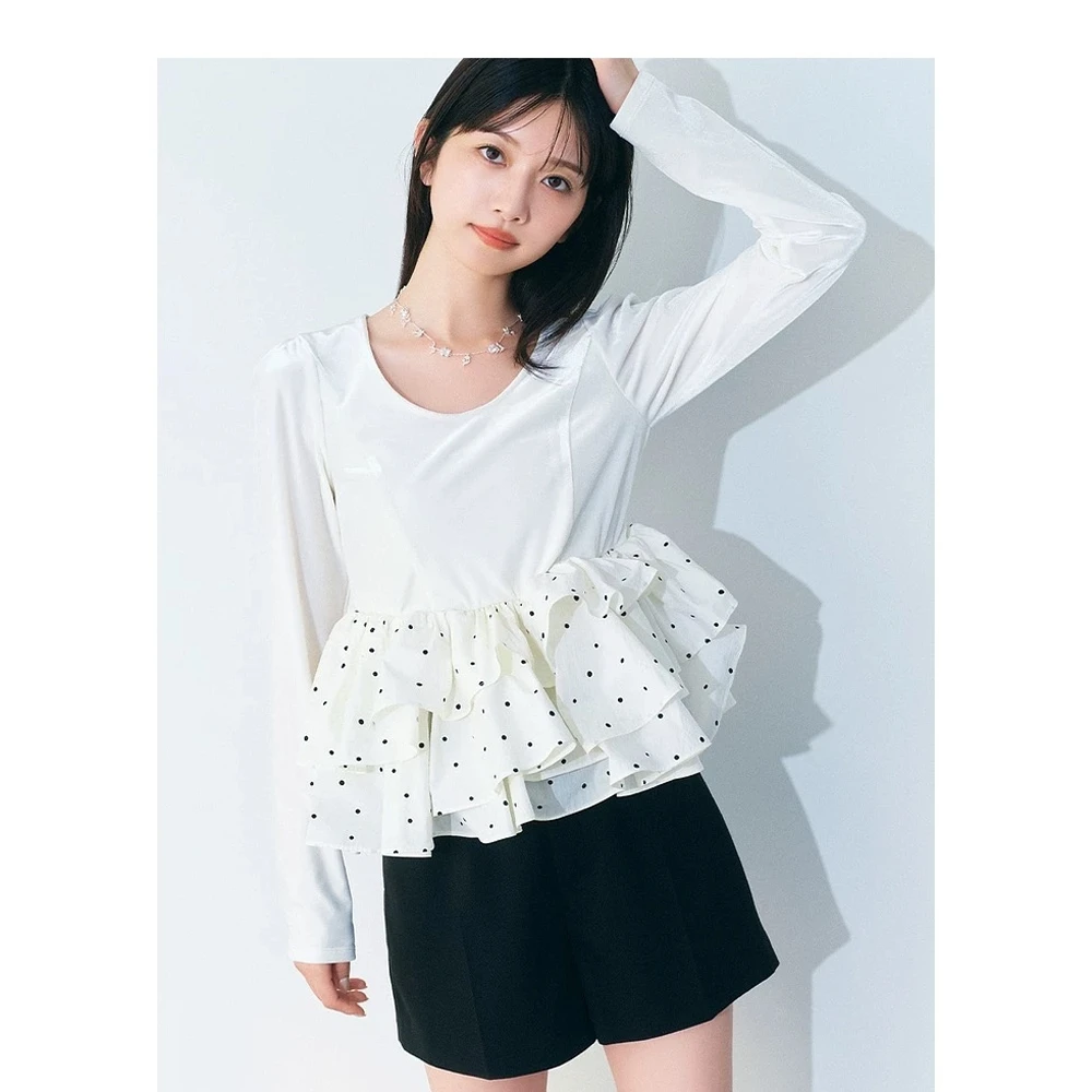 

Torowee 26 New round Ne Velvet Ruffle Sve Japanese Sle Top Women's Casual Fit Long Sve irt Ballet Sle Blouse