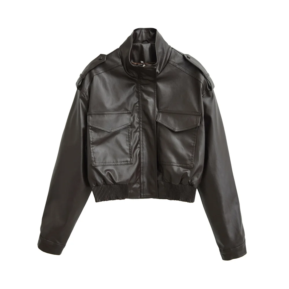 شتاء منتج جديد أزياء المرأة عارضة تنوعا الوقوف طوق كم طويل تقليد الجلود سستة الديكور سترة معطف