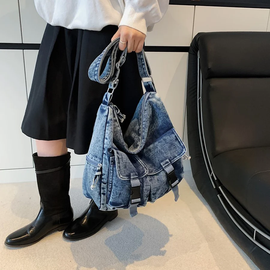 

Casual Denim Women's Shoulder Bags Large Capacity Multiple Pockets Design Ladies Tote Handbags Korean Style Female Crossbody Bag