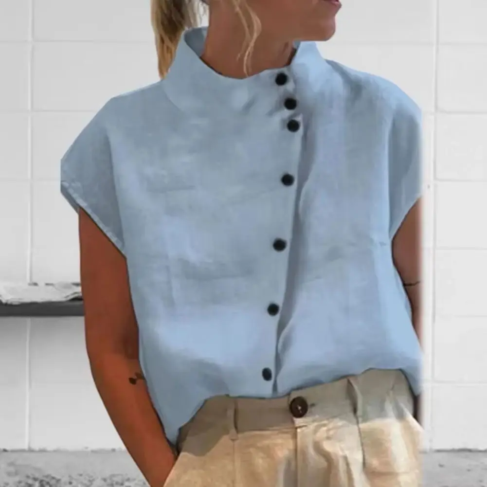 ผู้หญิงเสื้อ 2025 คอRaglanแขนสั้นปุ่มแนวทแยงกระเป๋าที่กระโปรงผู้หญิงบางฤดูร้อนสีทึบหลวมTee Topเสื้อลําลอง