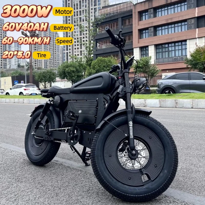 Black Warrior adult electric bike 3000W motor 60V45AH battery 90KM/H electric bicycle 20 inch tire off-road all-terrain e-bike image 1