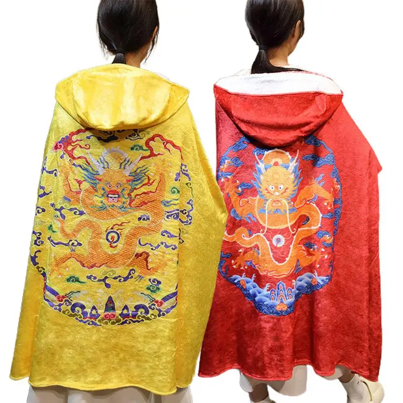 Dragon Hooded Cloak Cozy Wearable Blanket 66.9 Inch Cute Flannel Cape 2024 Chinese New Year Cloak Plush Cloak for Women and Men