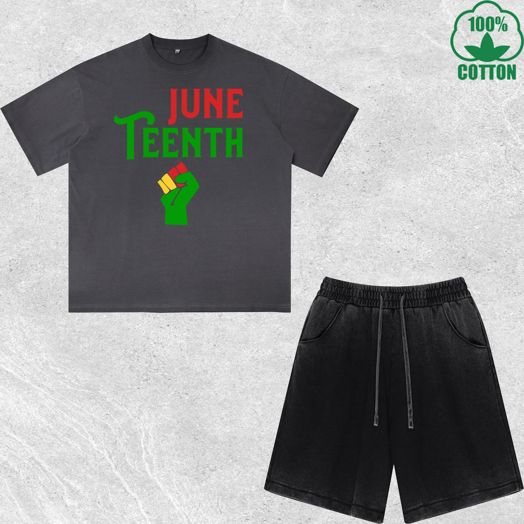 

June Teenth Printed Dirty Wash T-Shirt Shorts Set Combo Loose Trendy Fashionable 100%Cotton Short Value Pack