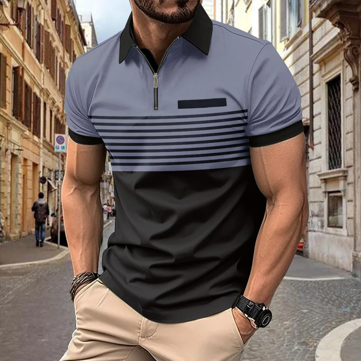 New men\'s summer striped T-shirt color blocking 3D digital printed zippered polo shirt business casual lapel short sleeved polo