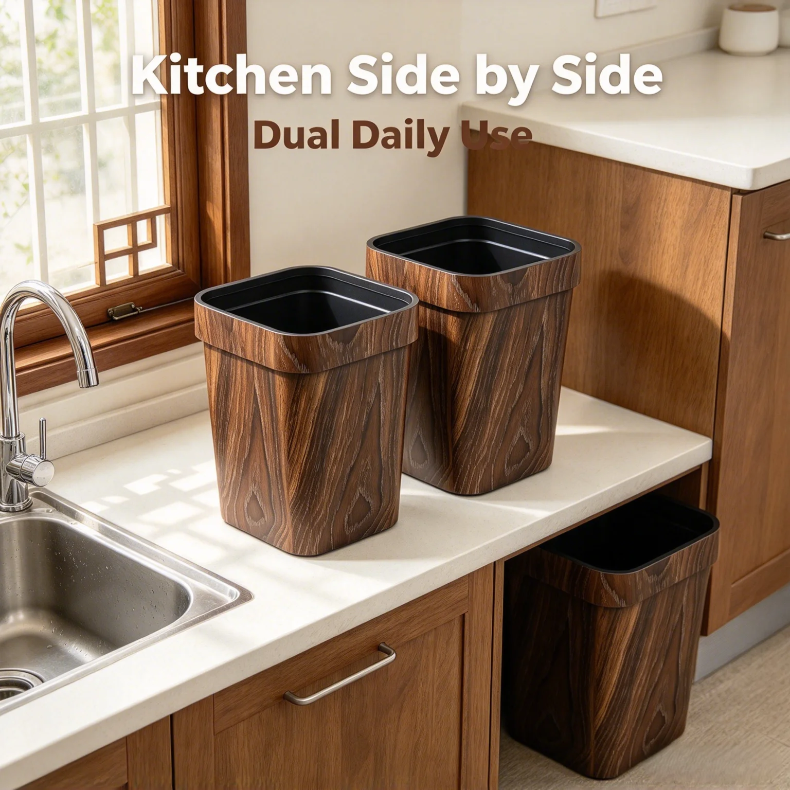 7L Wood Grain Decorative Trash Can 2 Pack, Square Waste Bin with Liner Retaining Ring for Home Bathroom Desk