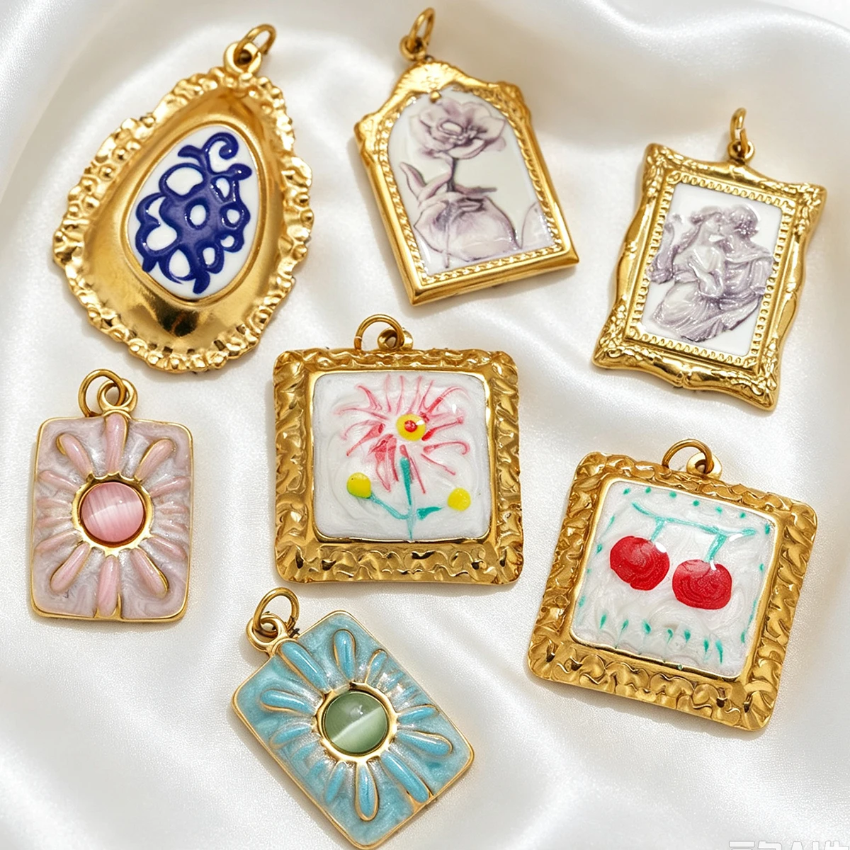 2 Stück Vintage-Rahmen Emaille Blumen Katzenauge Rechteckige Anhänger für Frauen 304 Edelstahl Anhänger DIY Halsketten Ohrringe Schmuck Großhandel