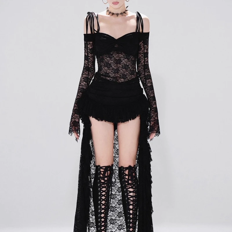 القوطية الظلام الكروشيه الدانتيل الربط غير النظامية طويلة الأكمام فستان المرأة 2025 الخريف جديد الحلو كول مثير فساتين بلا أكمام السيدات #3