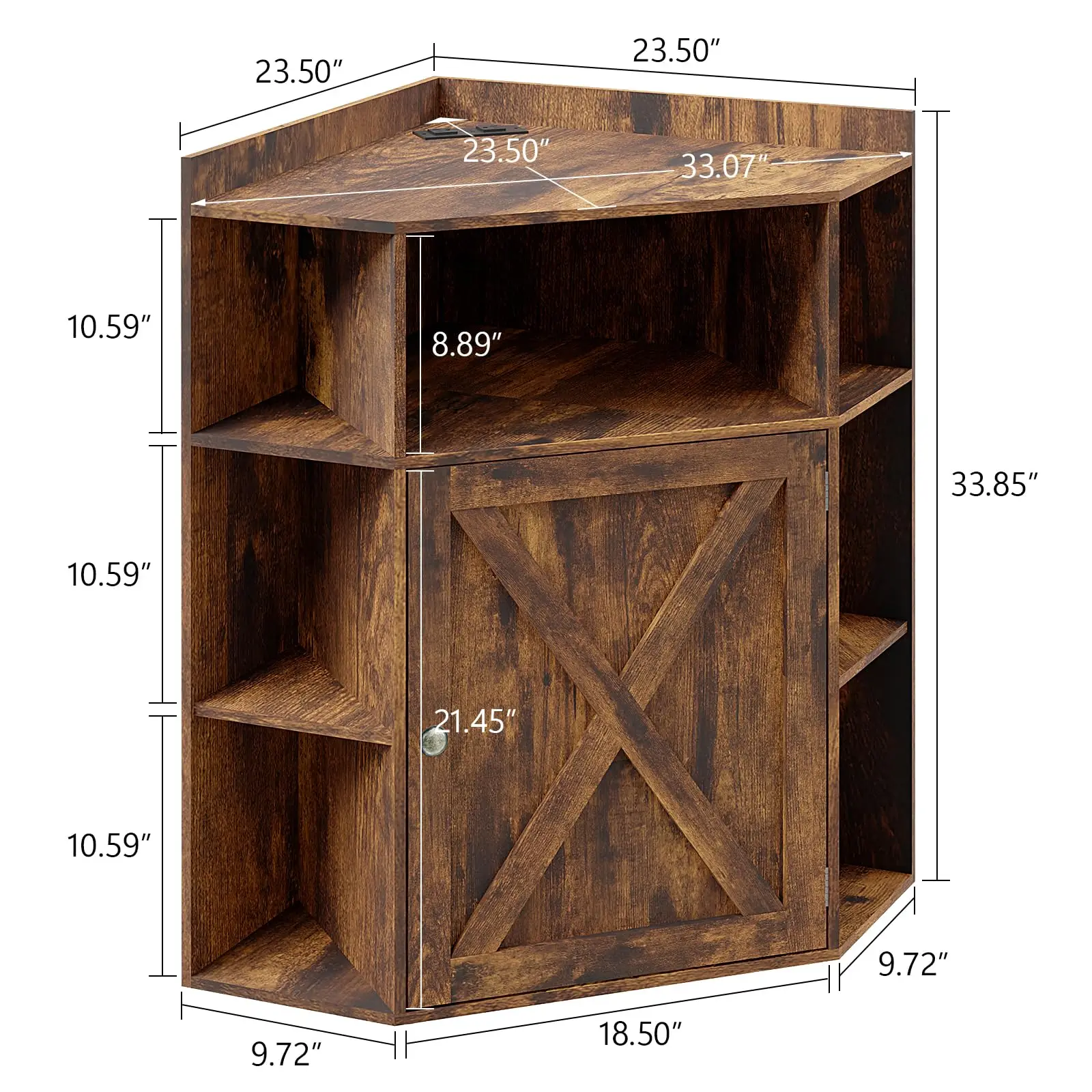 Vabches Corner Cabinet Wooden Corner Shelf with Power Outlet Living Room Organizer Storage Rustic Display Cabinet Cube Bookshelf