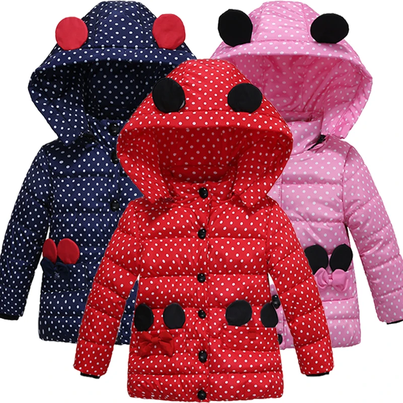 

Toddler Autumn Winter Jacket 2024 Baby Girls DownCoat Children Outerwear Polka Dot Bow Hooded Cotton Padded Coats Kids Clothes