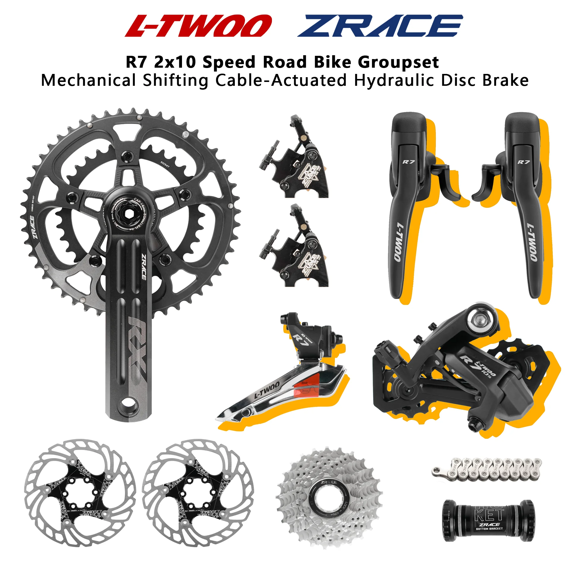 

LTWOO R7 2x10 Speed Road Full Groupset ZRACE Cable Hydraulic Disc Brake Caliper Crankset Cassette Chain Bottom Bracket Rotors