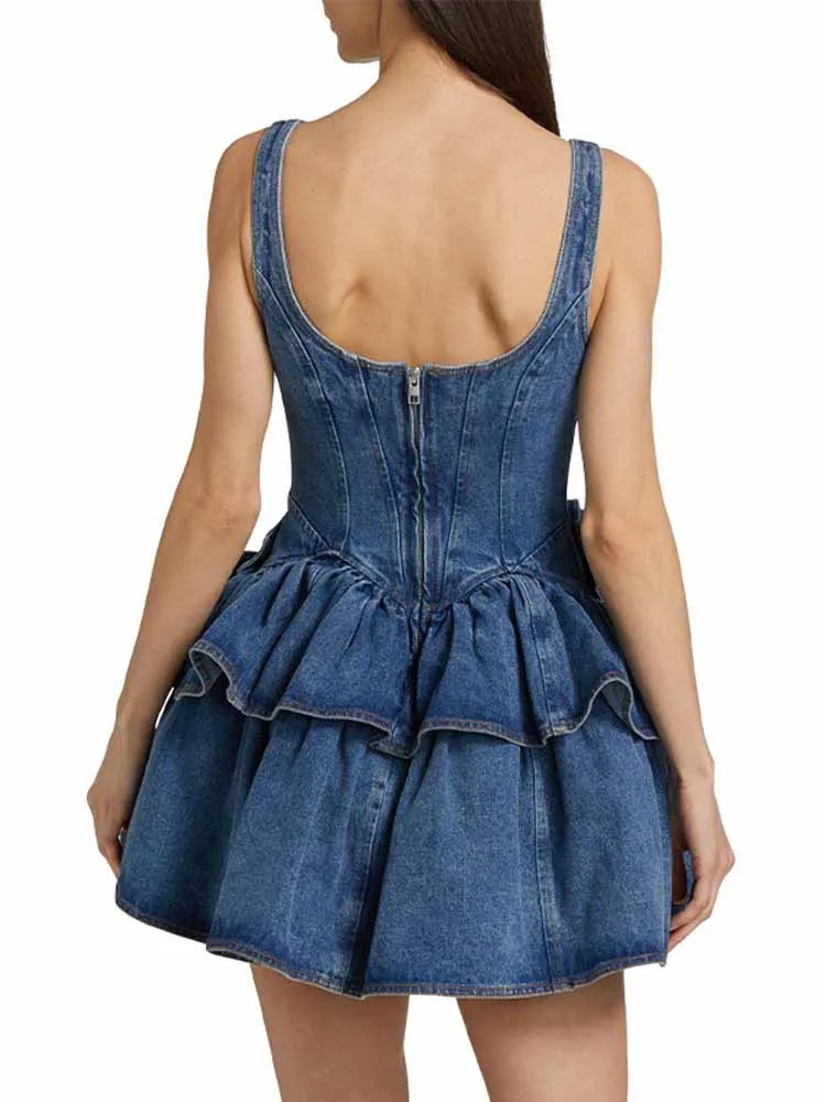 Bkqu chique 3d floral denim mini vestido feminino dupla camada babados elegante gola quadrada sem costas zíper a linha vestidos de estilingue y2k