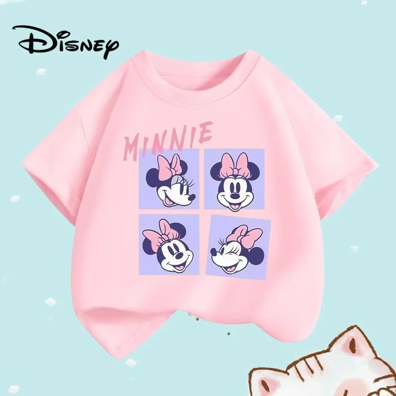 

Летняя детская одежда для мальчиков, футболки с принтами мультфильмов Disney Happy Minnie, модный детский топ с короткими рукавами и круглым вырезом для девочек