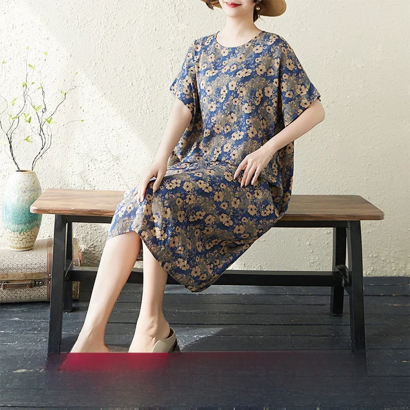 

Летнее новое женское платье больших размеров из хлопка и льна с принтом, до колен, с коротким рукавом, свободного кроя, в художественном стиле, тонкое, приятное к телу