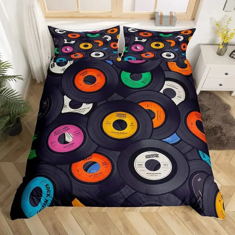 Record King Full Duvet Cover Vintage Disc Print Bedding Set CD Musical Pattern Comforter Cover Movie Theme Polyester Quilt Cover