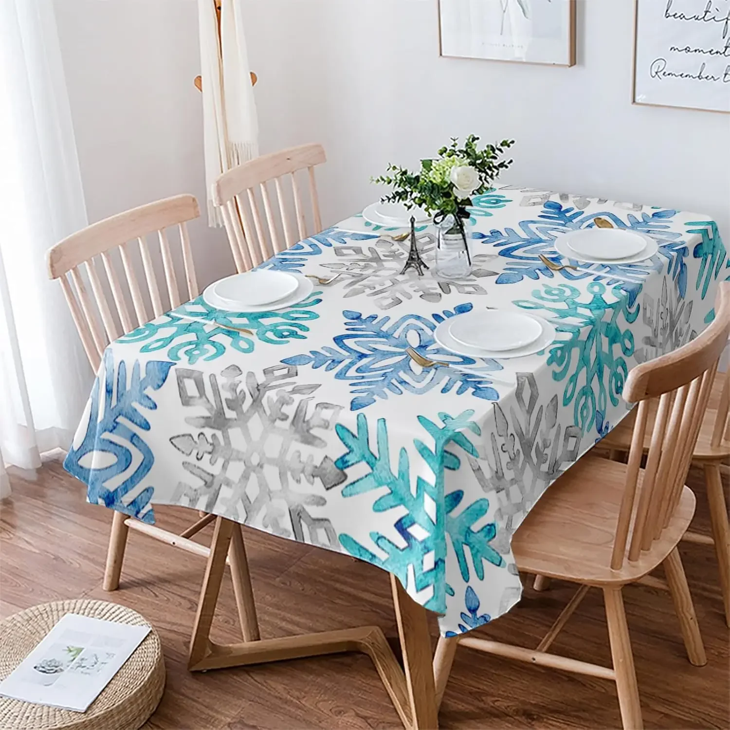 Christmas Blue Teal Grey Snowflake Tablecloth for Table Decor Washable Winter Kitchen Dining Tablecloth Christmas Decorations