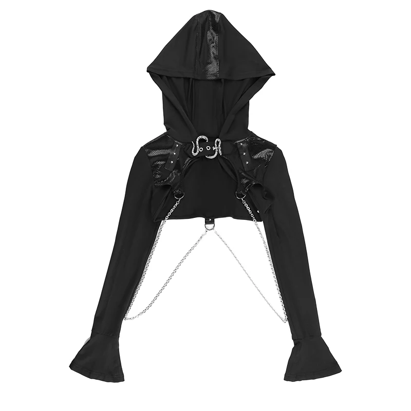 Women Gothic Punk Hoodies Bandage Crop Tops Jackets Long Sleeve Pullover Sweatshirt Workout Drawstring Patchwork Smock Coat