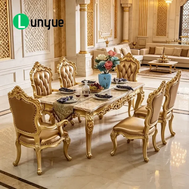 European Rectangular Dining Table Set Hand Carved Gold Plated Solid Wood PU Leather Chairs For Restaurant Home Furniture