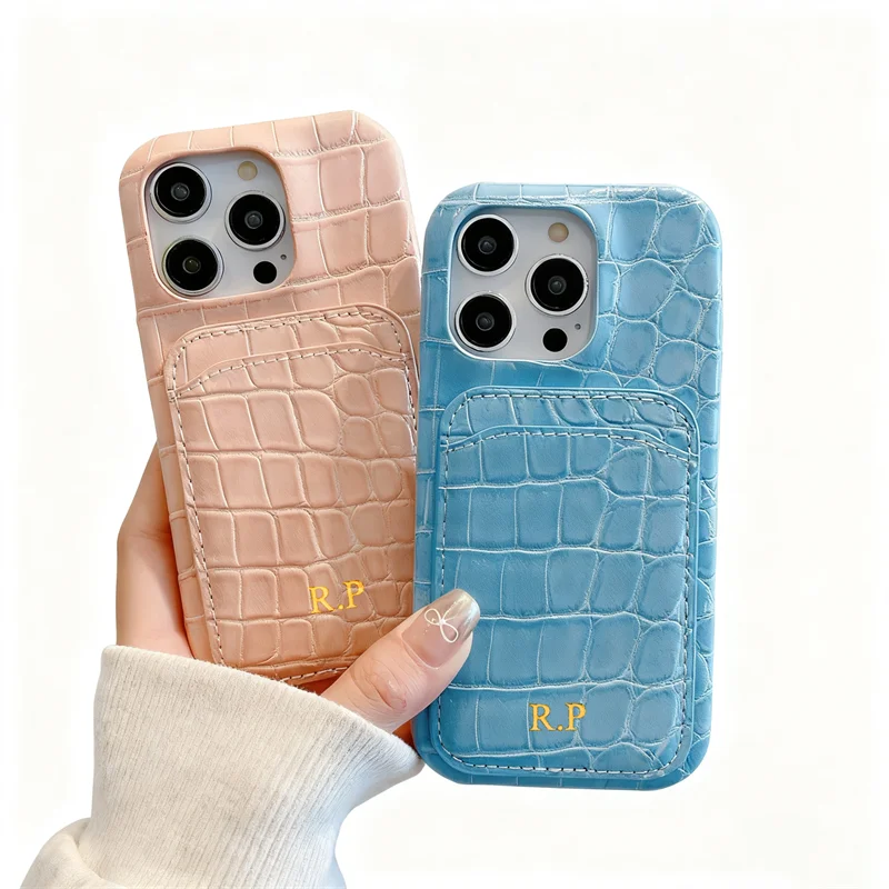 Personalizowane etui na iPhone'a 14 13 12 15 16 17 Pro Max 15 Plus 17air z inicjałami ze złota, wykonane ze skóry krokodyla, z pokrowcem z PU. — zdjęcie produktu 3