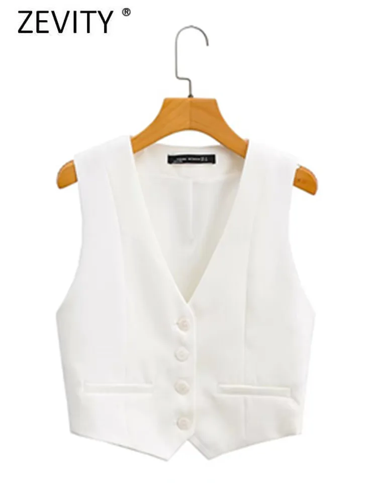 Zevity Women Fashion V Neck Single Breasted Short Vest Office Lady Sleeveless Chic White Suit Business Slim Waistcoat Tops CT556